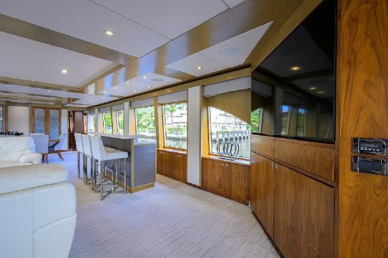 Slide: The Image of Luxurious interior of 2018 Hargrave Raised Pilothouse yacht with modern furnishings and large windows. - 22