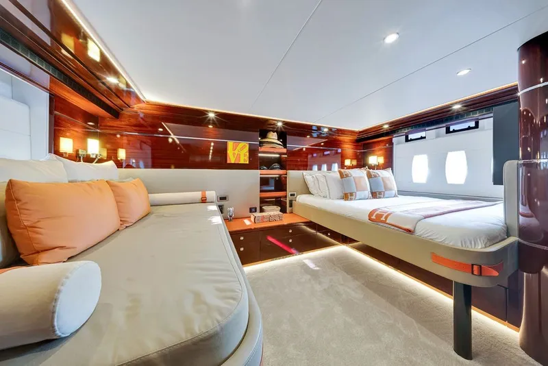 Slide: The Image of Luxurious interior of 2021 Steeler 60S yacht with elegant bedding and modern lighting. - 106