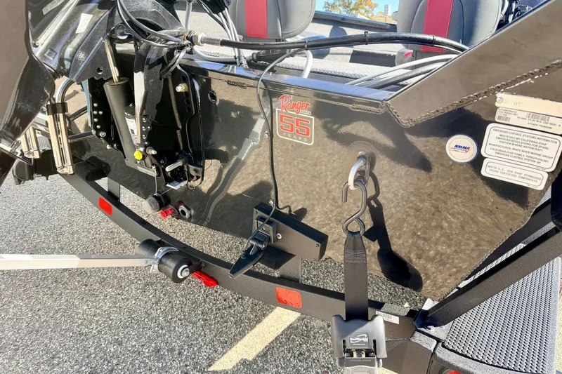 Slide: The Image of 2023 Ranger VS1665T boat trailer hitch and rear view, showcasing details and branding. - 21