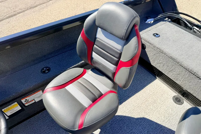 Slide: The Image of 2023 Ranger VS1665T boat seat with gray and red accents. - 35