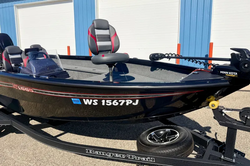 Slide: The Image of 2023 Ranger VS1665T fishing boat with Minn Kota motor on trailer. - 14