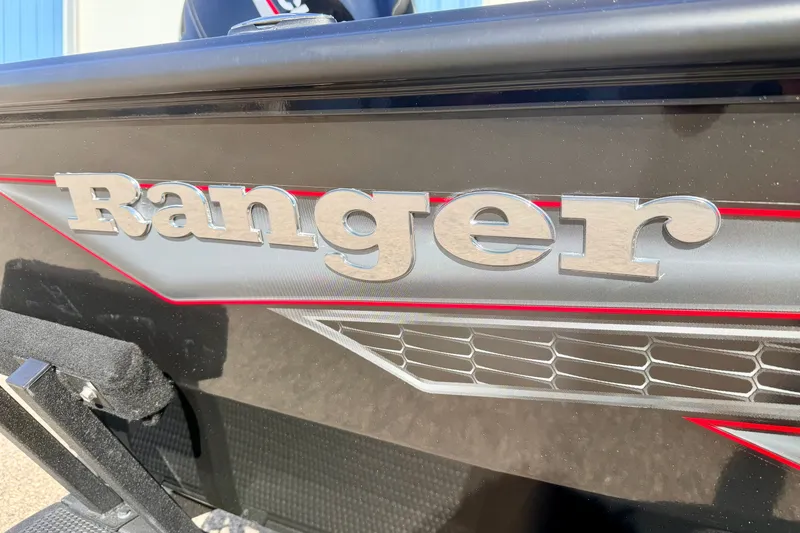 Slide: The Image of 2023 Ranger VS1665T boat with bold logo and sleek design. - 12