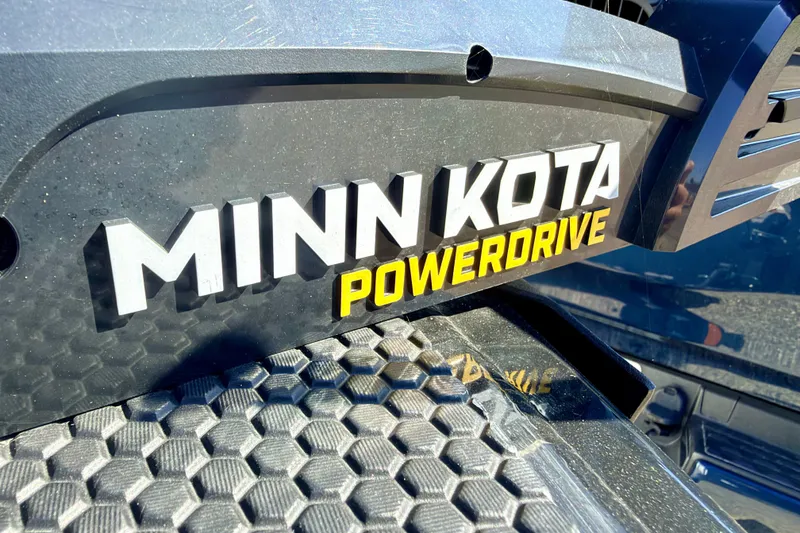 Slide: The Image of Minn Kota PowerDrive motor on 2023 Ranger VS1665T boat, close-up view. - 58