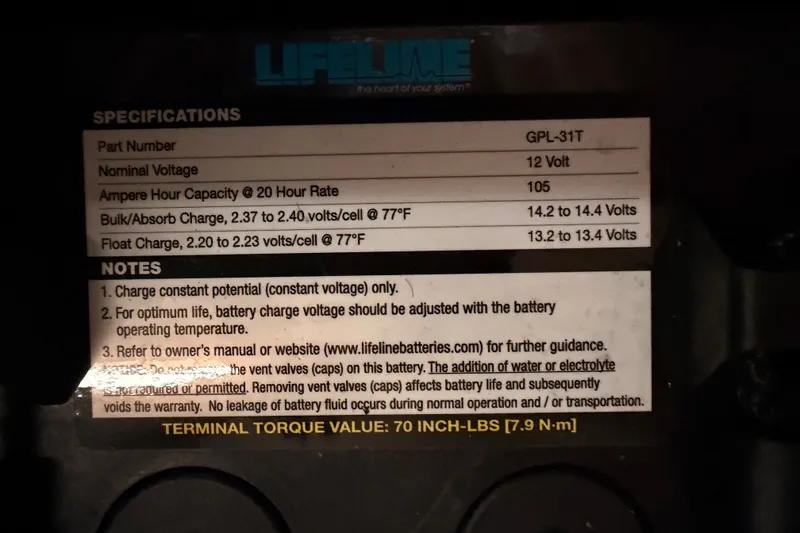 Slide: The Image of Battery specifications label for Lifeline GPL-31T, 12V, 105 Ah, with charging instructions. - 69