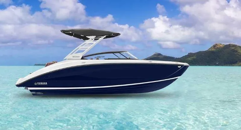 The Image of 2027 Yamaha Jet 252SD on clear turquoise water with a cloudy sky in the background. - 1