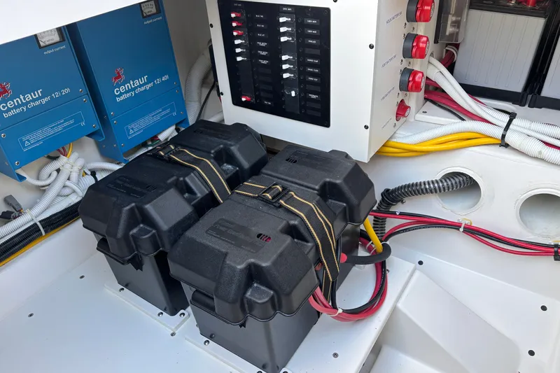 Slide: The Image of Electrical system of 2026 Tiara Yachts 34 LS with battery chargers and wiring. - 25