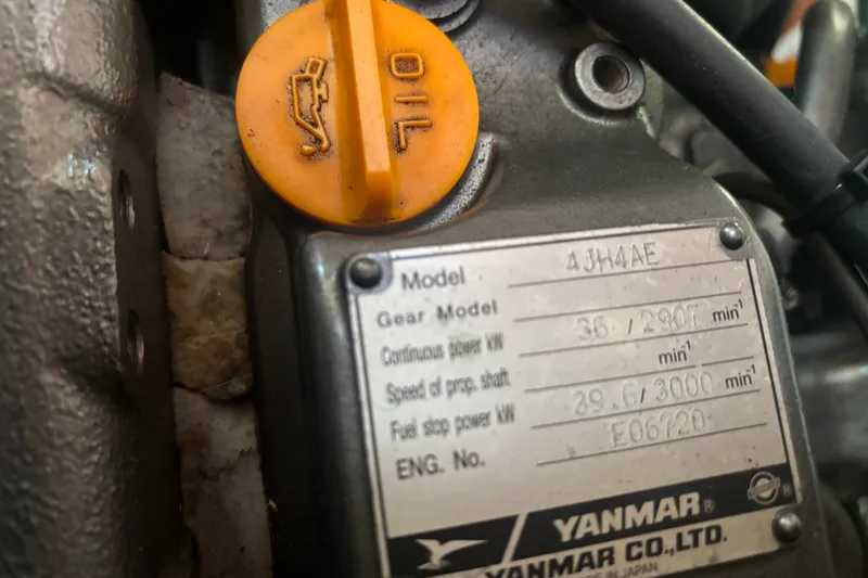 Slide: The Image of Engine label on a 2008 Hunter 41 Deck Salon, featuring Yanmar model 4JH4AE. - 14