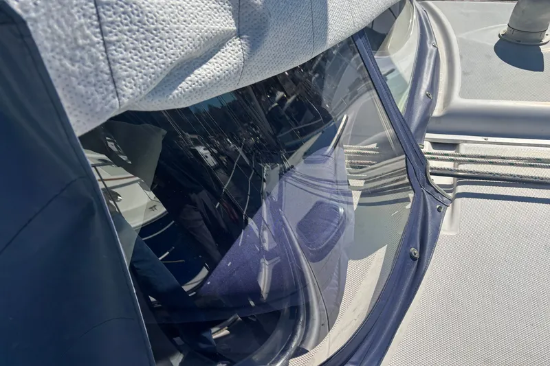 Slide: The Image of Close-up of 2008 Hunter 41 Deck Salon yacht window and deck details. - 5