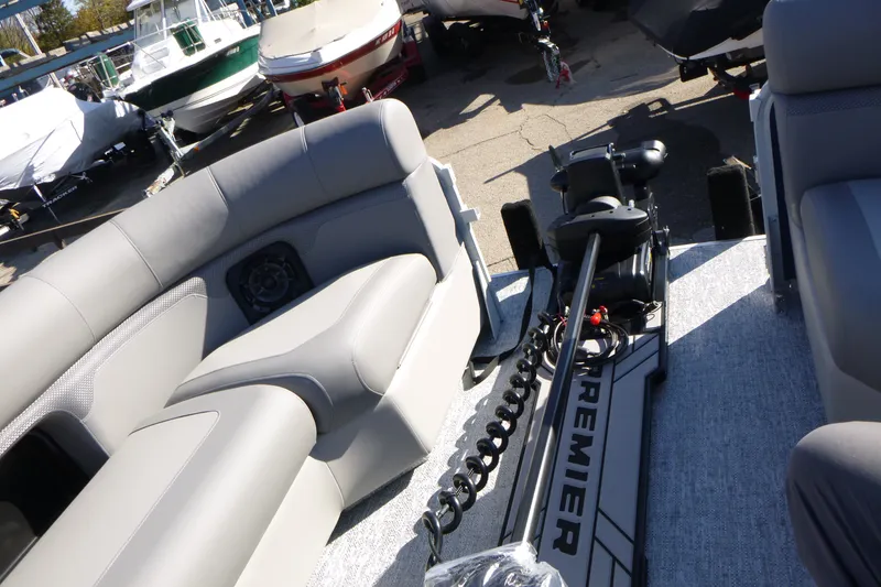 Slide: The Image of Interior of 2027 Premier 230 Sunsation Angler 2PT - CL pontoon boat with gray seating. - 22