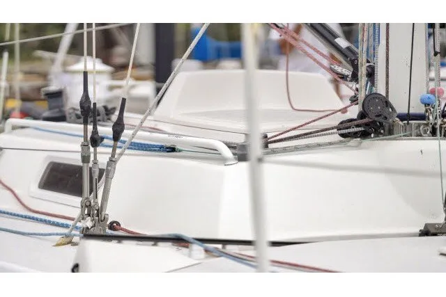 Slide: The Image of 2005 J Boats J/100 sailboat deck with rigging and ropes. - 26