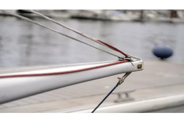 Slide: The Image of Close-up of 2005 J Boats J/100 sailboat rigging at a marina. - 31