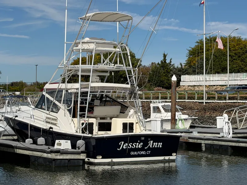 Slide: The Image of A 1993 Rampage Express Sportfish docked, featuring a tall helm station and open cockpit. - 10