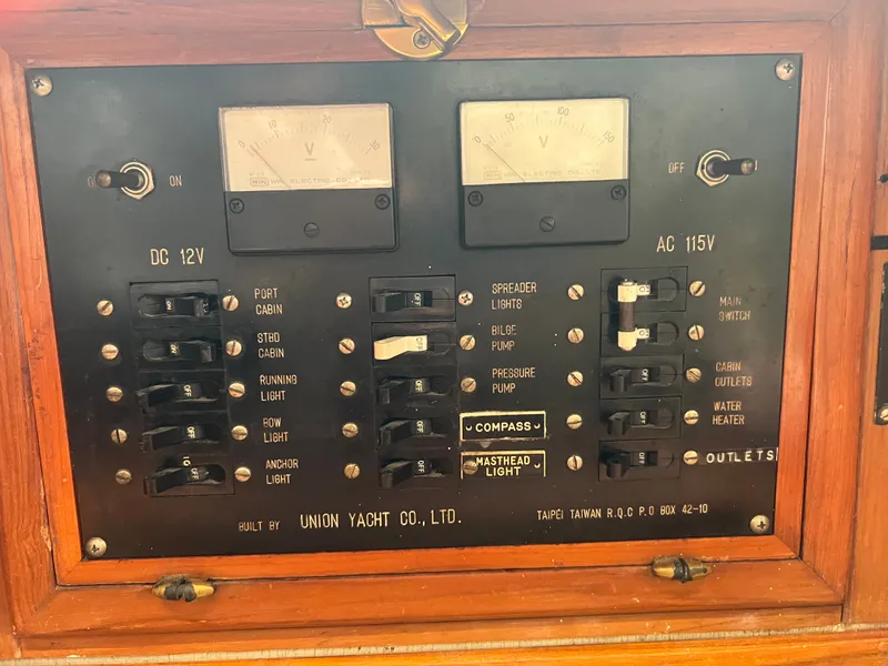 Slide: The Image of Electrical control panel with various switches and gauges on a Union Cutter yacht. - 22