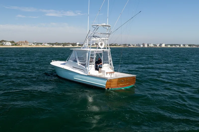 Slide: The Image of A 2017 Lightning Custom Yachts 37 Express Sportfish on the water with fishing rods. - 4
