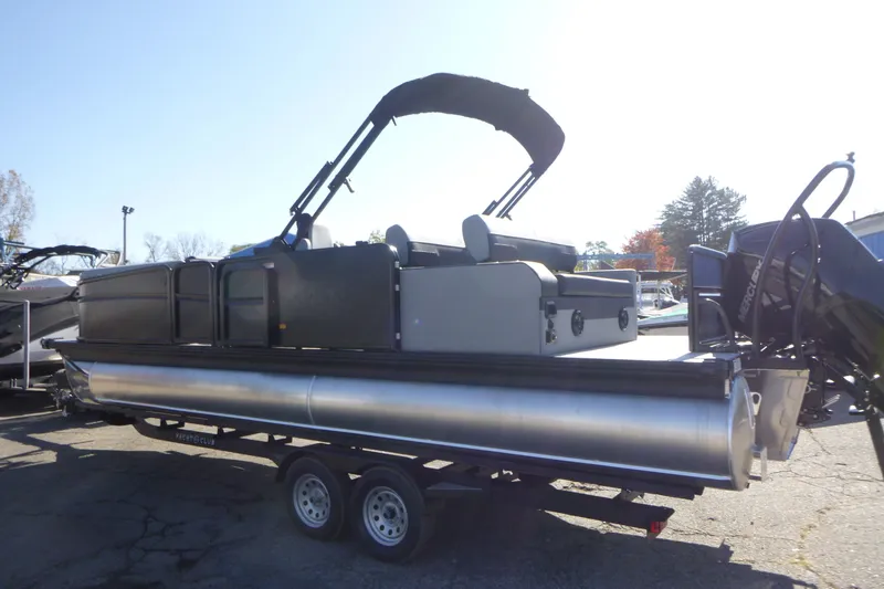 Slide: The Image of 2027 Premier 250 SUNSATION RLO - CL pontoon boat on trailer, side view. - 10