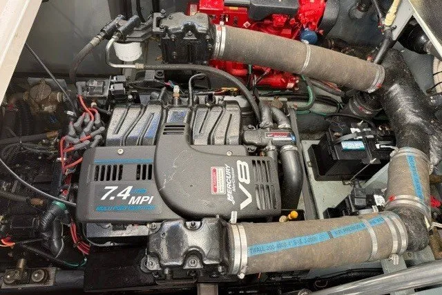 Slide: The Image of Engine compartment of a 2000 Sea Ray 340 Sundancer with V8 7.4 MPI engine. - 55