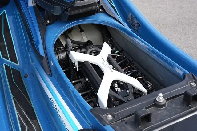 Slide: The Image of Close-up of the engine compartment of a blue 2024 Yamaha WaveRunner FX Cruiser HO. - 9