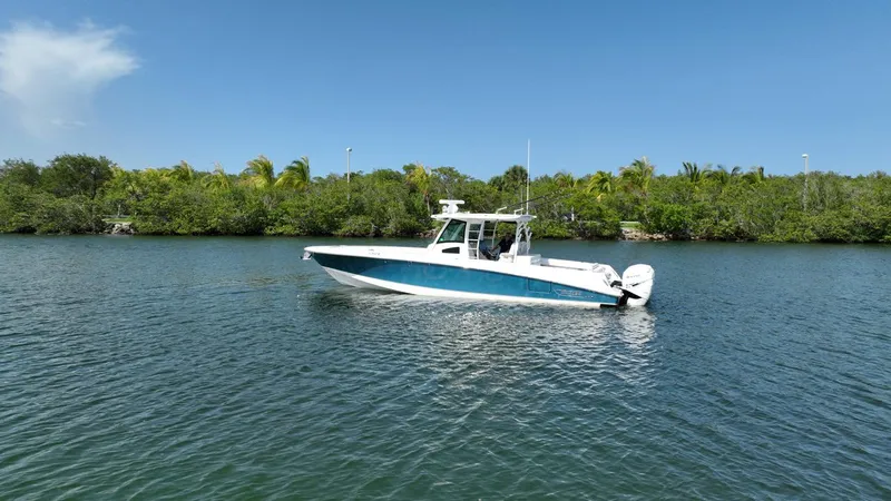 Slide: The Image of Boston Whaler 380 Outrage von 2017 auf ruhigem Wasser, umgeben von üppigem Grün. - 6