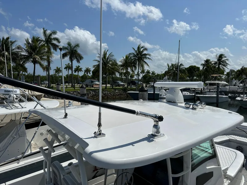 Slide: The Image of Das Bild zeigt das Dach eines Boston Whaler 380 Outrage von 2017 im Hafen, umgeben von Palmen. - 33
