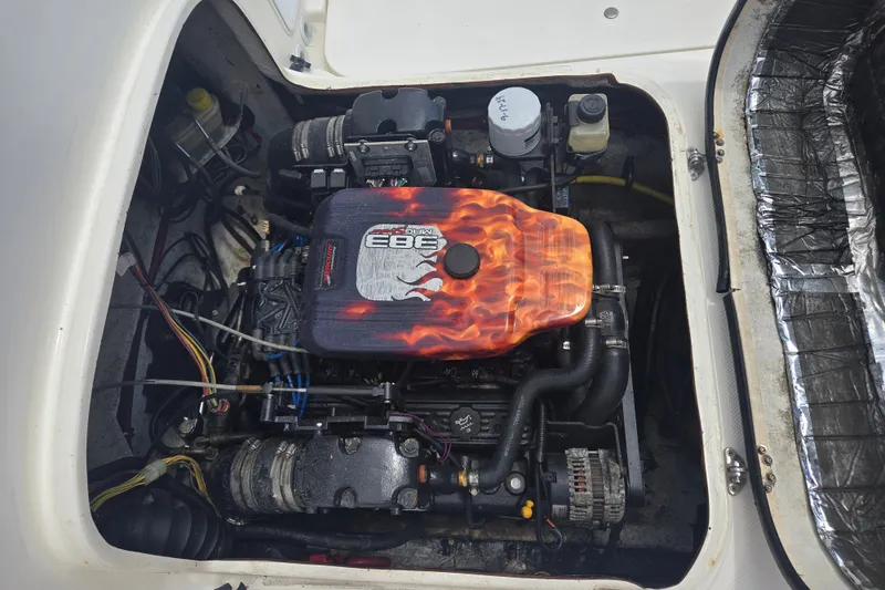 Slide: The Image of Engine compartment of a 2005 Trophy 2352 Walkaround boat with custom flame design. - 52