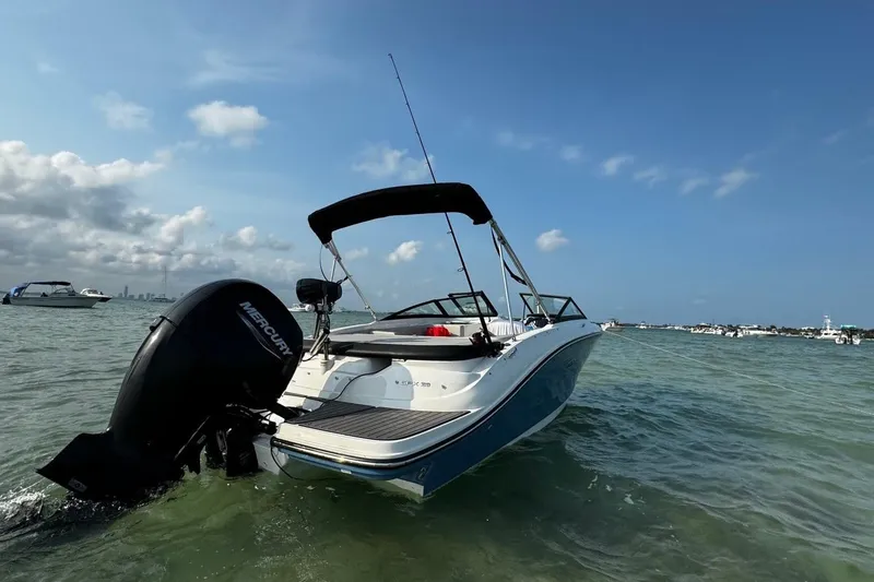 Slide: The Image of 2022 Sea Ray SPX 190 boat anchored in clear waters under a blue sky. - 0