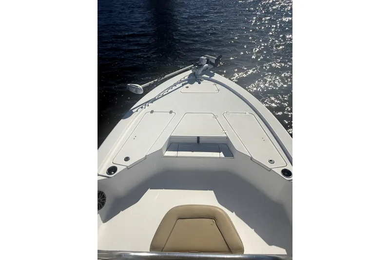 Slide: The Image of 2017 Sportsman Tournament 214 Bay Boat bow view on water, sunny day. - 12