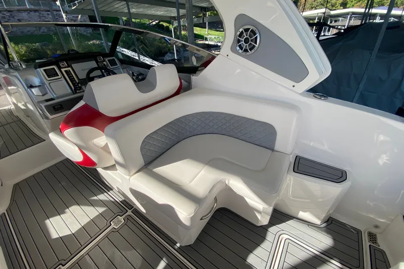 Slide: The Image of Interior of 2012 Chaparral 327 SSX boat with modern seating and dashboard. - 23