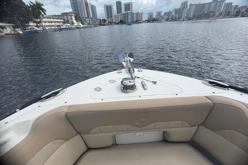 Slide: The Image of 2019 Sailfish 245 DC boat on water with city skyline in background. - 42