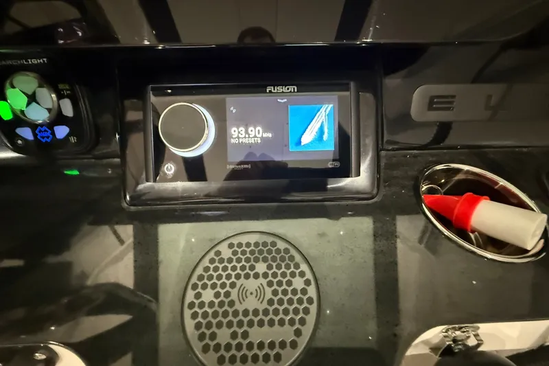 Slide: The Image of Dashboard of 2025 Monterey Elite 27 OB with Fusion stereo system and controls. - 22