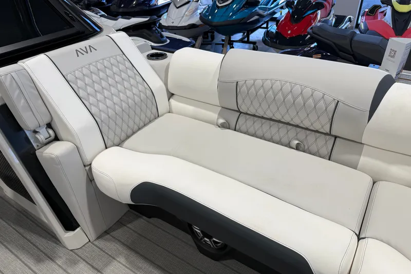 Slide: The Image of Luxurious seating on 2027 Avalon 2585 EXCALIBUR QLWS boat, featuring elegant diamond stitching. - 6