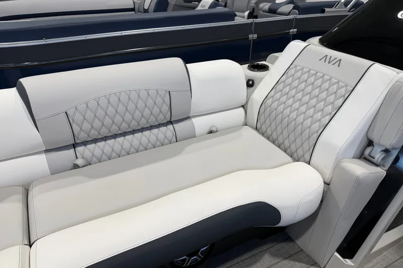 Slide: The Image of Luxurious seating in 2027 Avalon 2585 EXCALIBUR QLWS boat, featuring elegant diamond stitching. - 5