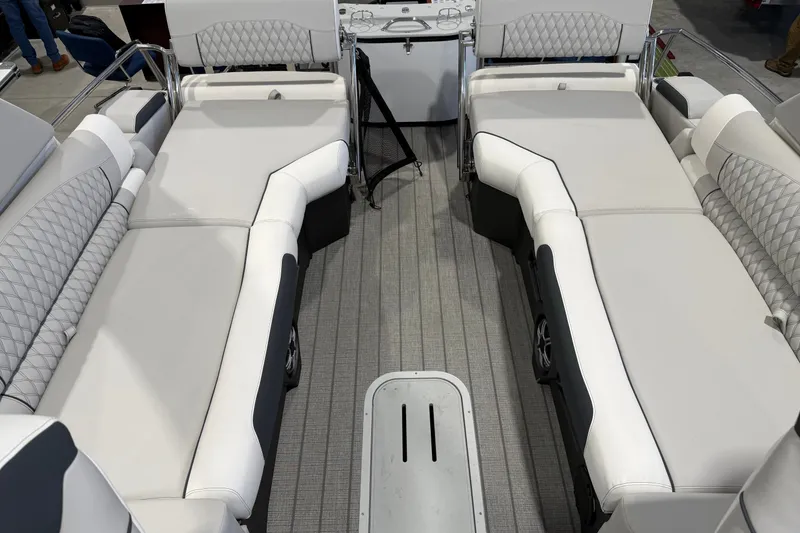 Slide: The Image of Luxurious interior of 2027 Avalon 2585 EXCALIBUR QLWS boat with plush seating. - 12