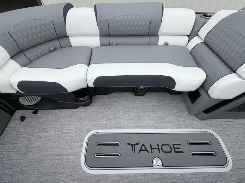 Slide: The Image of Interior of the 2027 Tahoe Grand 25 Flex Lounge Windshield with gray and white upholstery. - 15