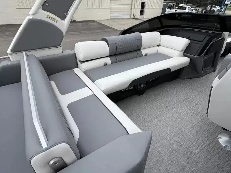 Slide: The Image of Interior of a modern boat with gray and white upholstery. - 23