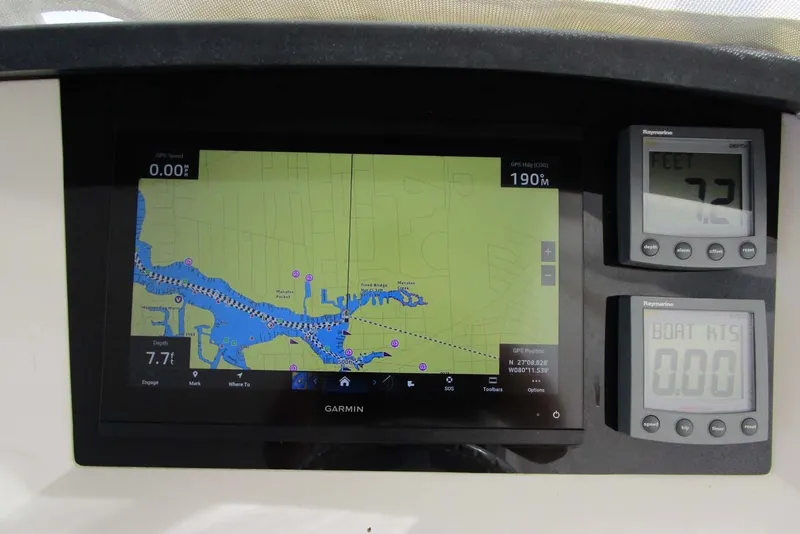 Slide: The Image of Garmin navigation display on 2006 Neptunus 56 Flybridge yacht, showing map and depth readings. - 56
