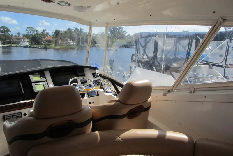 Slide: The Image of 2006 Neptunus 56 Flybridge yacht interior with helm and water view. - 68