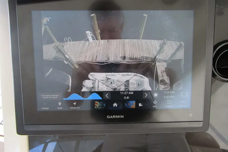 Slide: The Image of Garmin navigation display on 2006 Neptunus 56 Flybridge, showing docked position. - 57