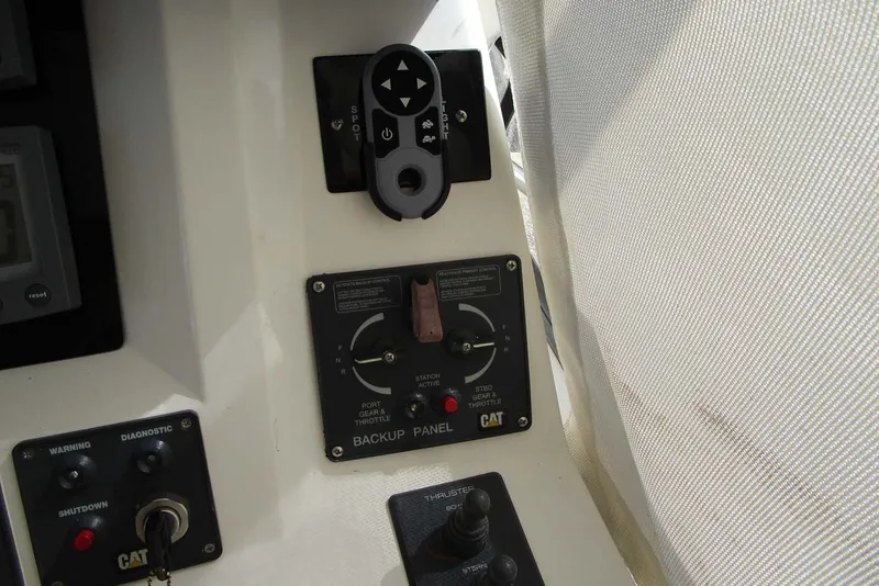 Slide: The Image of Control panel of a 2006 Neptunus 56 Flybridge yacht, featuring backup and diagnostic systems. - 58