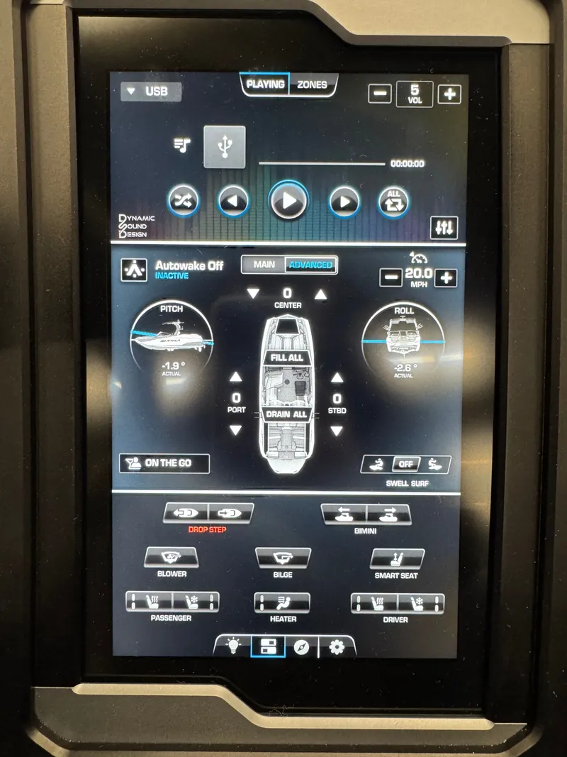 Slide: The Image of Touchscreen control panel of a Supra SA 450 boat with various control options. - 10