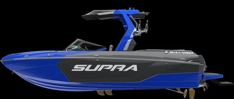 Slide: The Image of The image shows a blue Supra SA 450 boat with a sleek design and tower. - 1