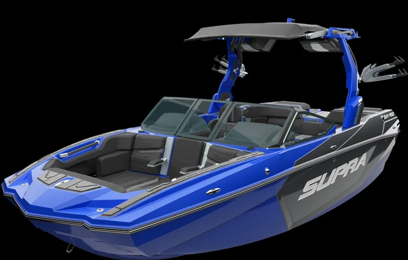 Slide: The Image of The image shows a blue 2025 Supra SA 450 boat with a sleek design and spacious interior. - 2