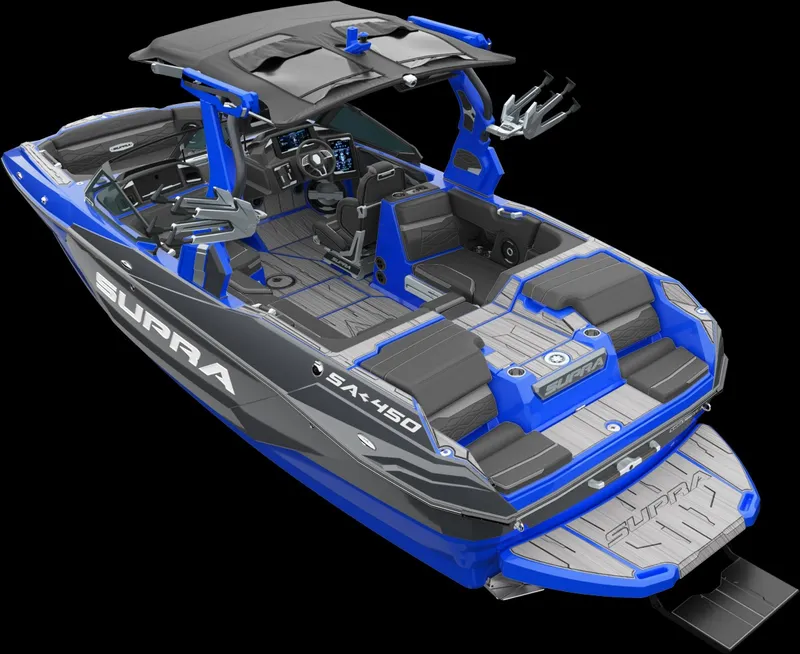Slide: The Image of The image shows a modern Supra SA 450 boat from 2025 with blue and gray accents. - 3