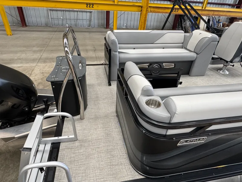 Slide: The Image of The image shows the interior of a 2025 Tahoe Sport 85 QL pontoon boat with gray seating. - 5
