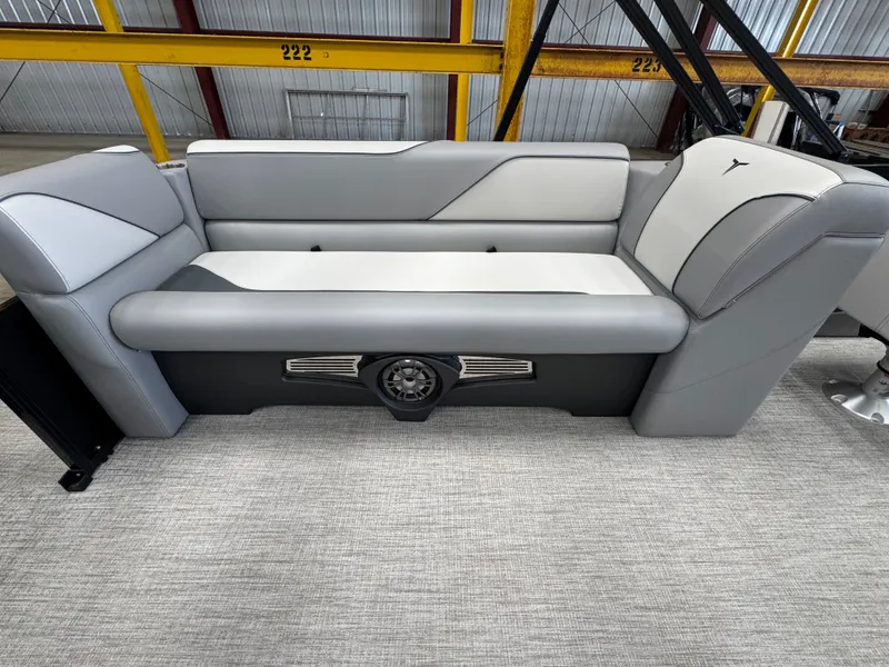 Slide: The Image of The 2025 Tahoe Sport 85 QL features a stylish gray and white bench seat with modern accents. - 7