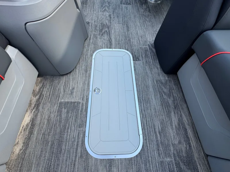 Slide: The Image of The floor of a boat with gray wood laminate and a rectangular hatch in the center. - 6