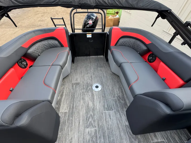 Slide: The Image of Interior of a 2025 Godfrey SW 2286 SB with gray and red seating. - 9