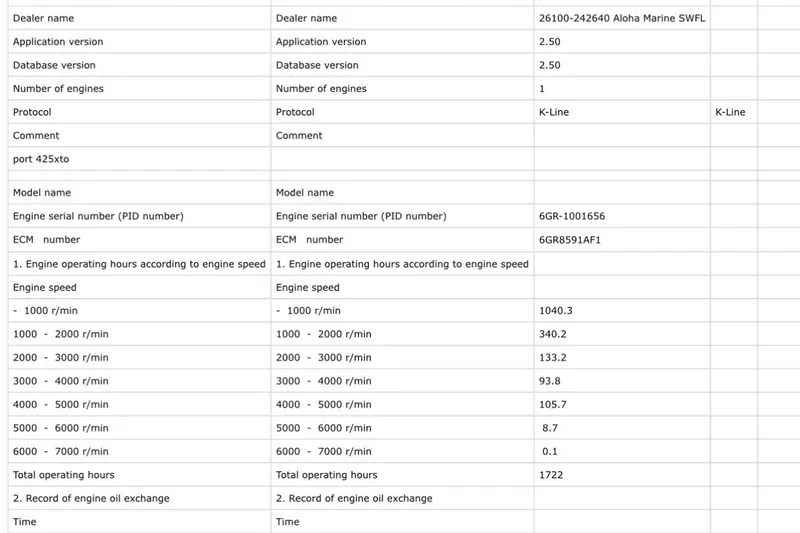Slide: The Image of Engine data sheet for Intrepid 345 Nomad SE 2020, detailing operating hours and engine speed. - 49