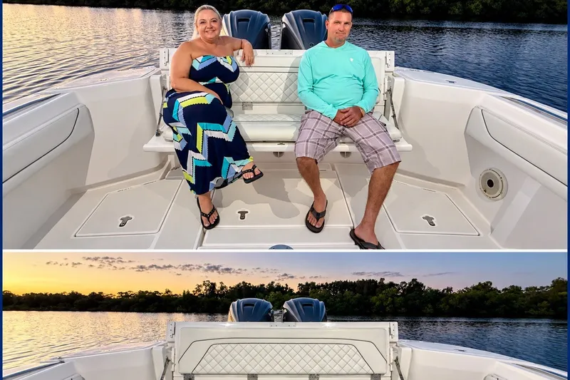 Slide: The Image of 2020 Intrepid 345 Nomad SE boat with passengers, scenic water backdrop. - 21