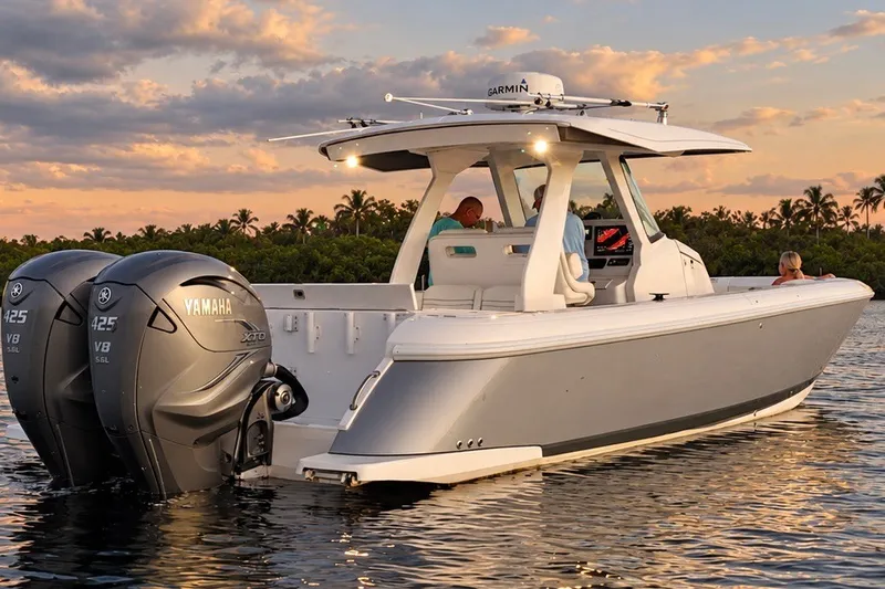 Slide: The Image of 2020 Intrepid 345 Nomad SE boat with Yamaha engines on calm water at sunset. - 4