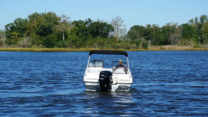 Slide: The Image of A 2025 Bayliner VR4 Bowrider OB cruising on a calm lake with a wooded shoreline. - 4